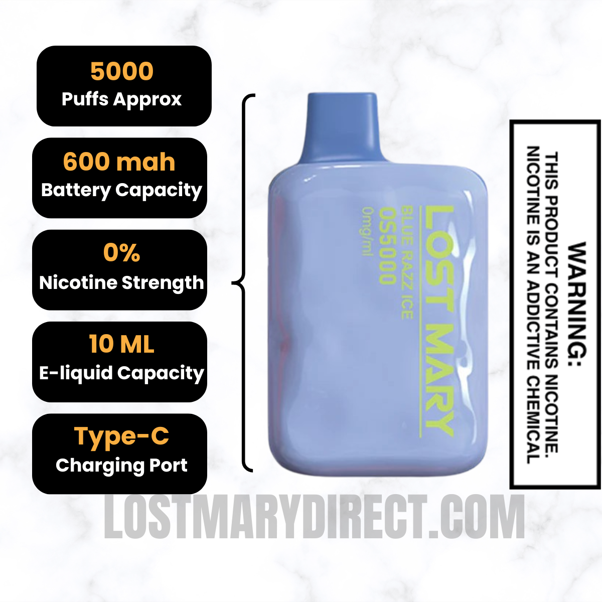 Blue Razz Ice Lost Mary OS5000 Zero Nicotine Vape Specifications