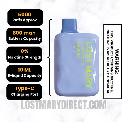 Blue Razz Ice Lost Mary OS5000 Zero Nicotine Vape Specifications