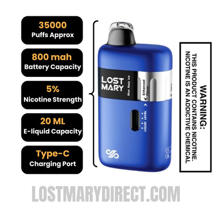 Blue Razz Ice Lost Mary Ultrasonic 35K Disposable Vape Specifications