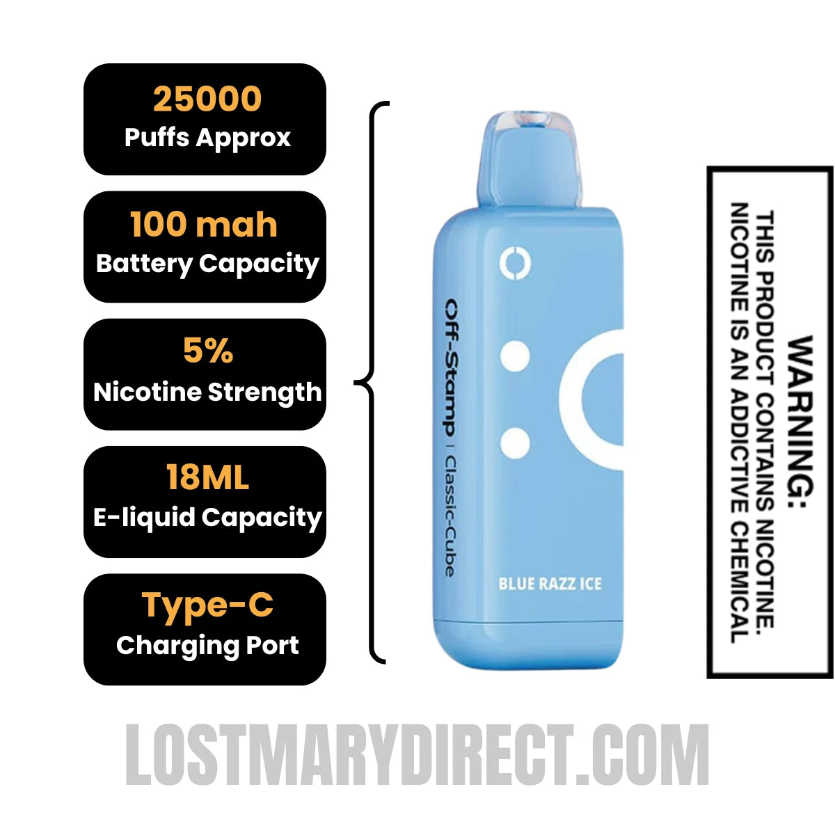 Blue Razz Ice Off Stamp Classic X-Cube Vape Pod Specifications