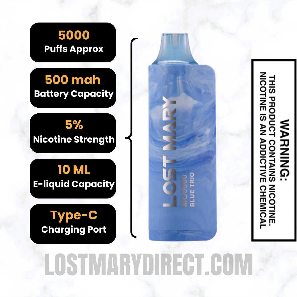 Blue Trio Lost Mary MO5000 Disposable Vape Specifications