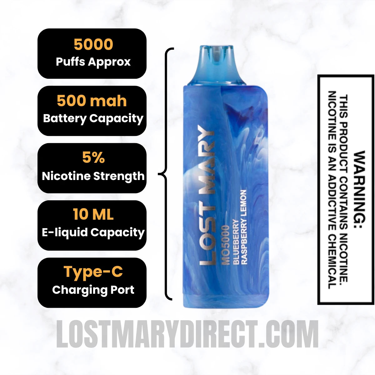 Blueberry Raspberry Lemon Lost Mary MO5000 Disposable Vape Specifications