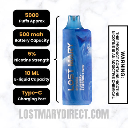 Blueberry Raspberry Lemon Lost Mary MO5000 Disposable Vape Specifications