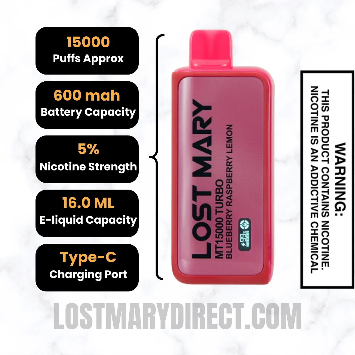 Blueberry Raspberry Lemon Lost Mary MT15000 TURBO Specifications