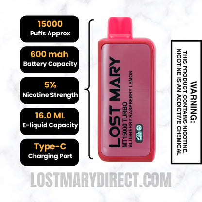 Blueberry Raspberry Lemon Lost Mary MT15000 TURBO Specifications