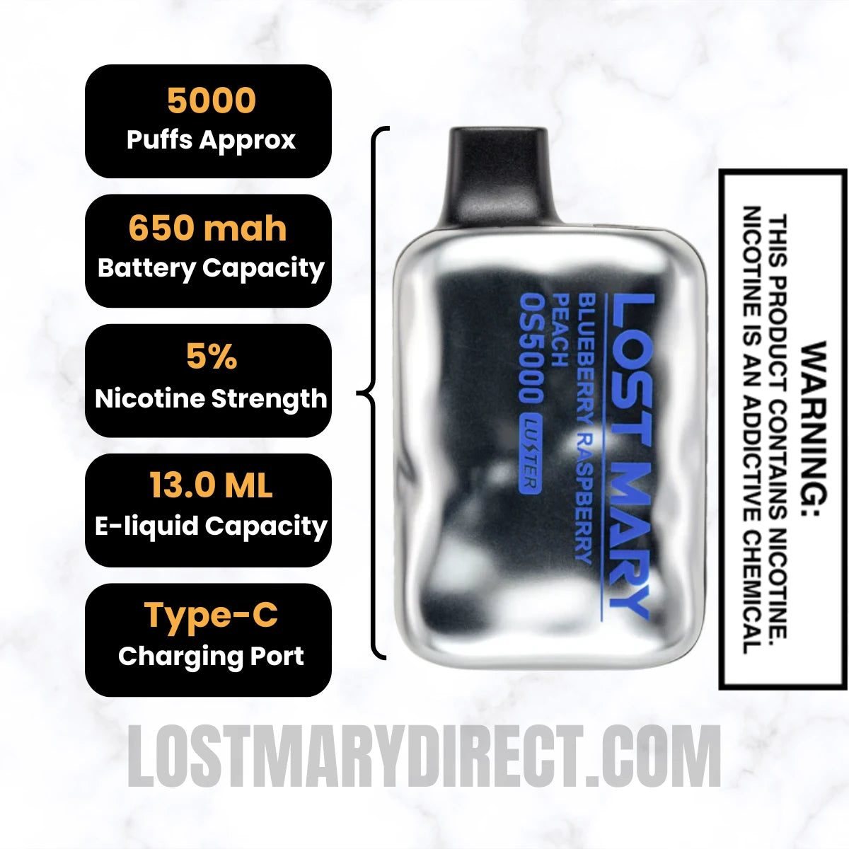 Blueberry Raspberry Peach Lost Mary OS5000 Luster Edition Vape Specifications