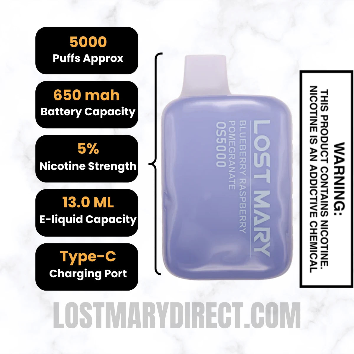 Blueberry Raspberry Pomegranate Lost Mary OS5000 Vape Specifications