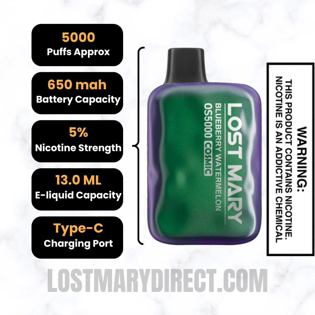Blueberry Watermelon Lost Mary OS5000 Cosmic Edition Vape Specifications