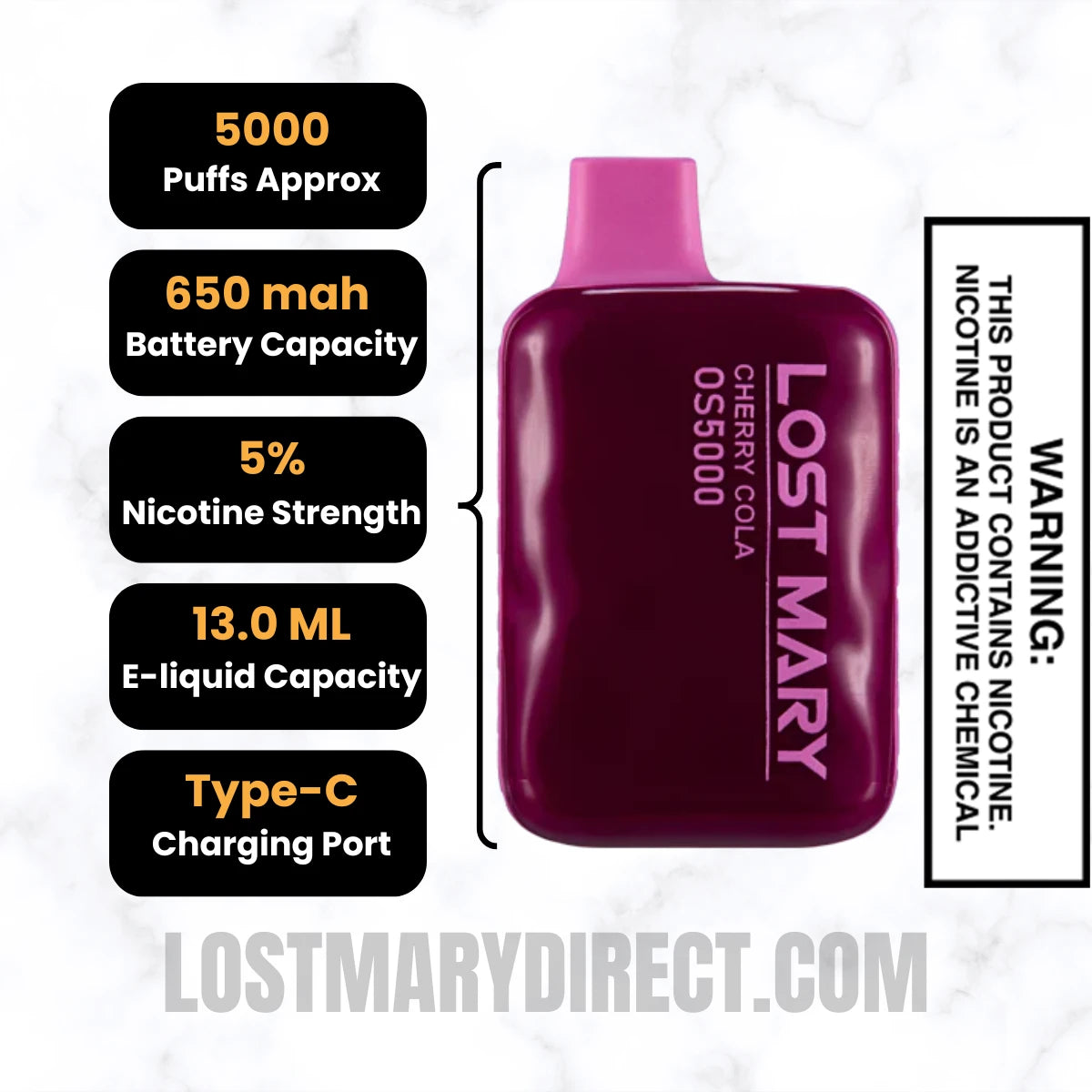 Cherry Cola Lost Mary OS5000 Disposable Vape Specifications