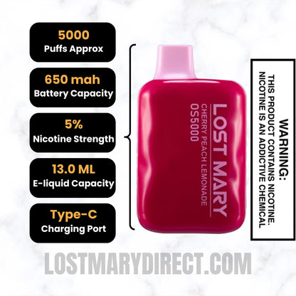 Cherry Peach Lemonade Lost Mary OS5000 Disposable Vape Specifications