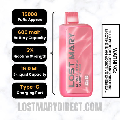 Cherry Strazz Lost Mary MT15000 TURBO Vape Specifications