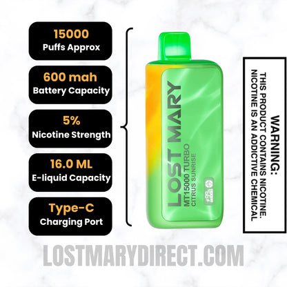 Citrus Sunrise Lost Mary MT15000 TURBO Vape Specifications