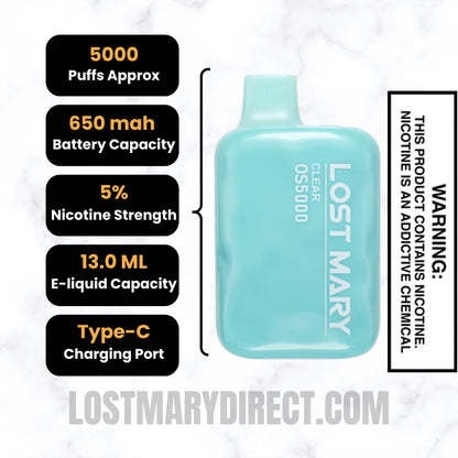 Clear Lost Mary OS5000 Disposable Vape Clear Lost Mary OS5000 Disposable Vape