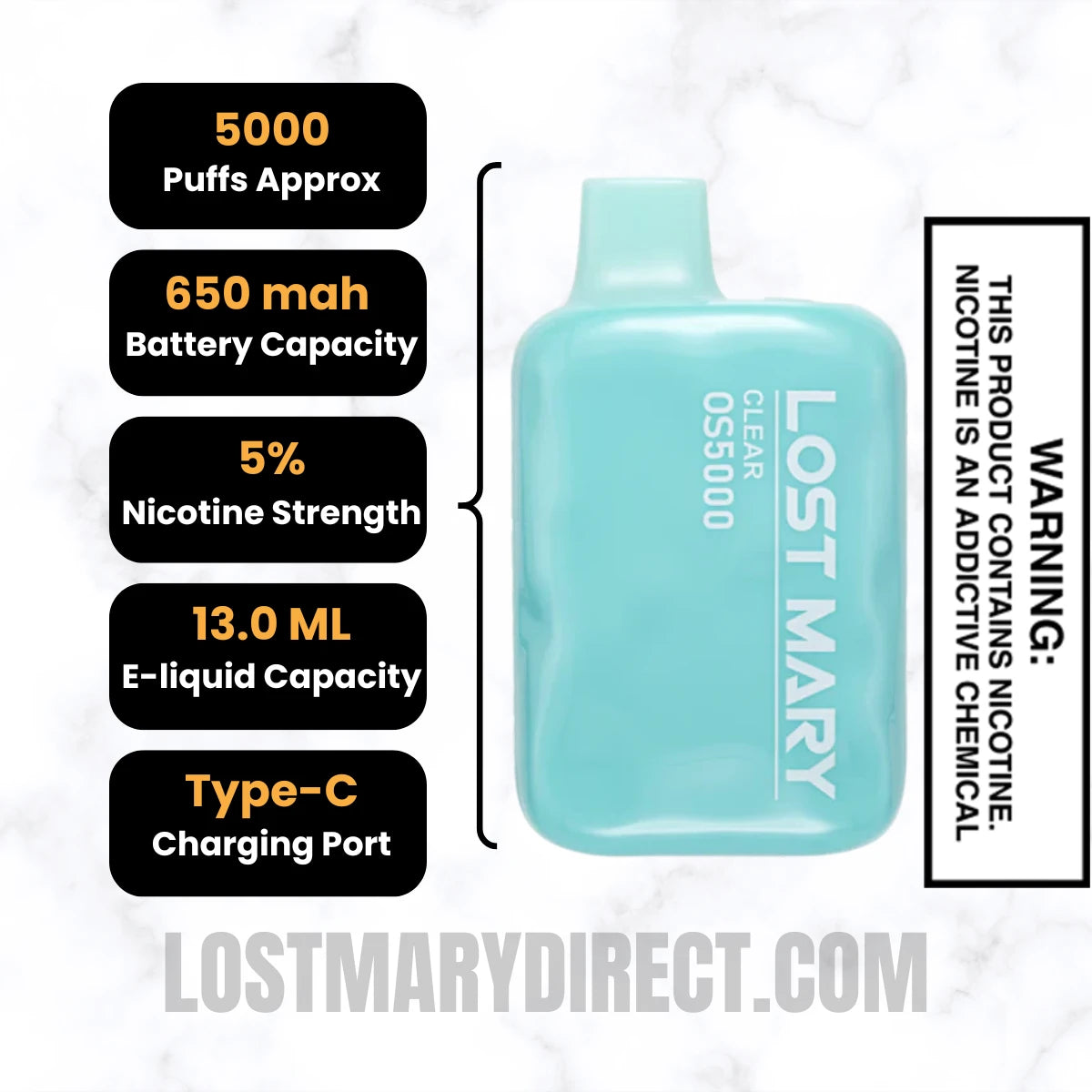 Clear Lost Mary OS5000 Disposable Vape Specifications