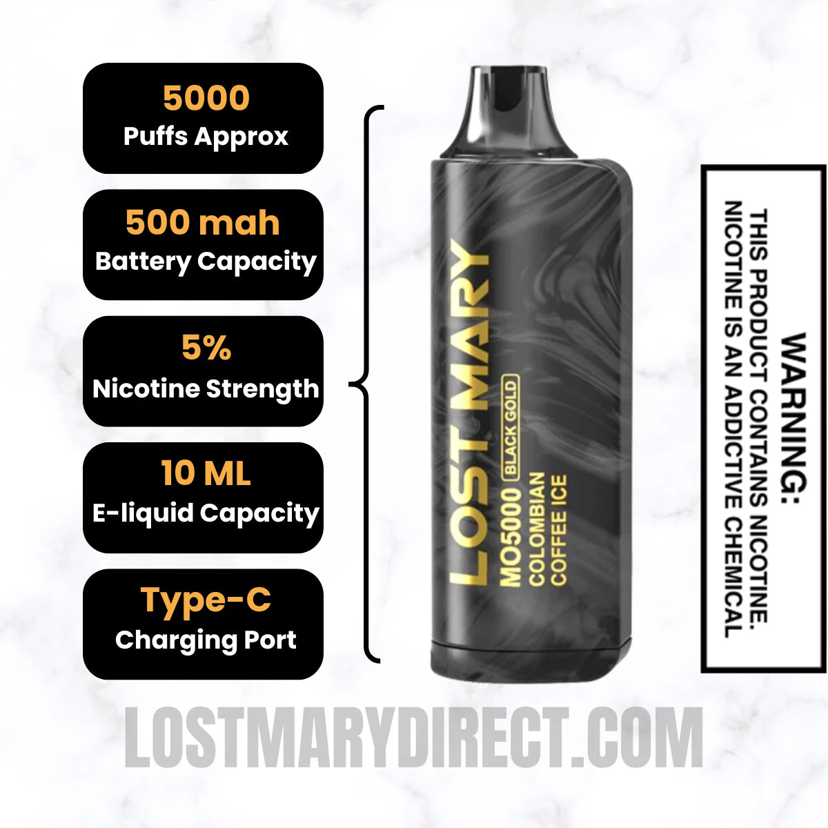 Colombian Coffee Ice Lost Mary MO5000 Disposable Vape Specifications