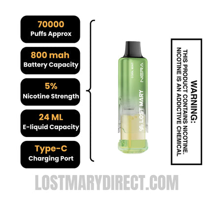 Cool Mint Lost Mary Nera Fullview 70K Disposable Vape Pod with Specification