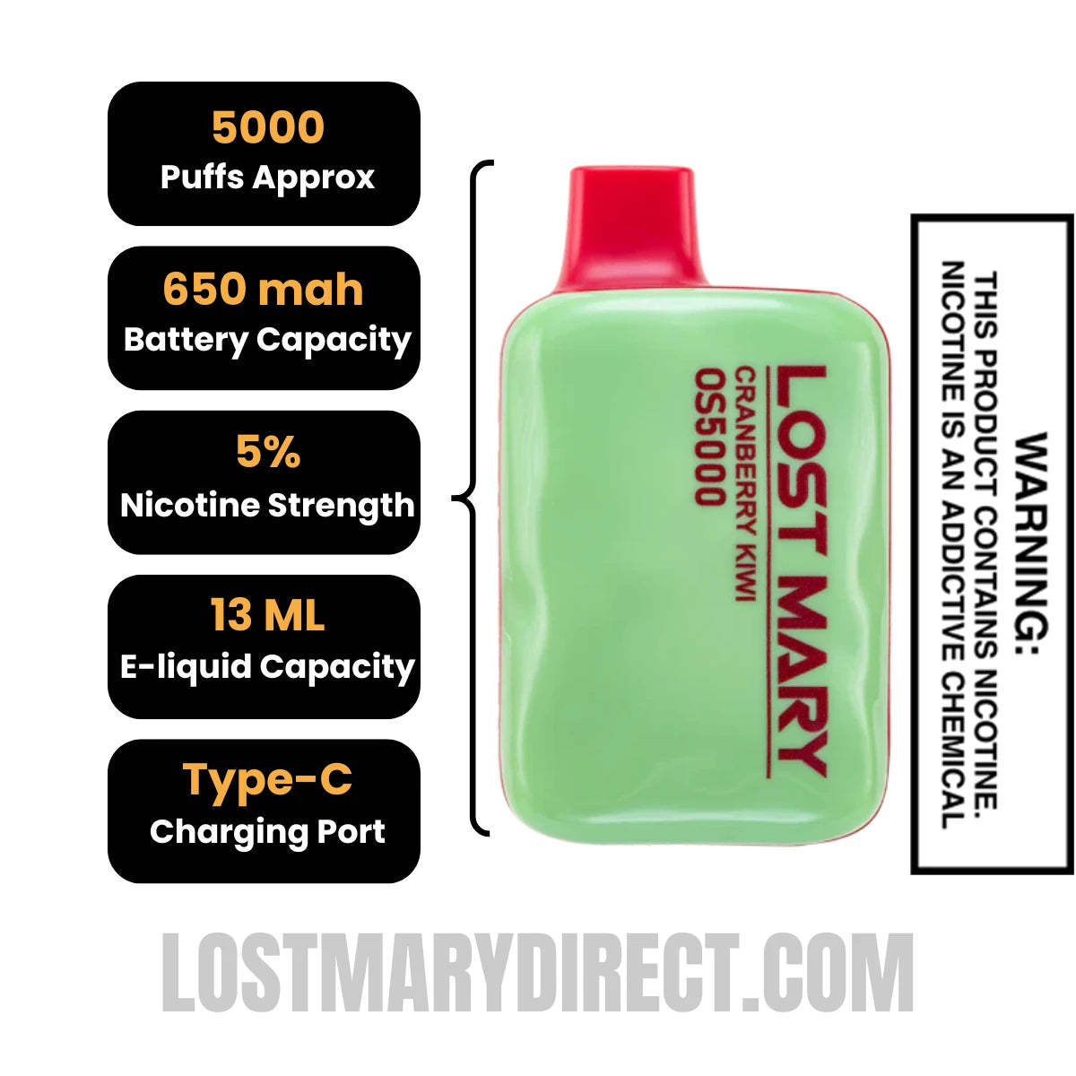Cranberry Kiwi Lost Mary OS5000 Vape Specifications