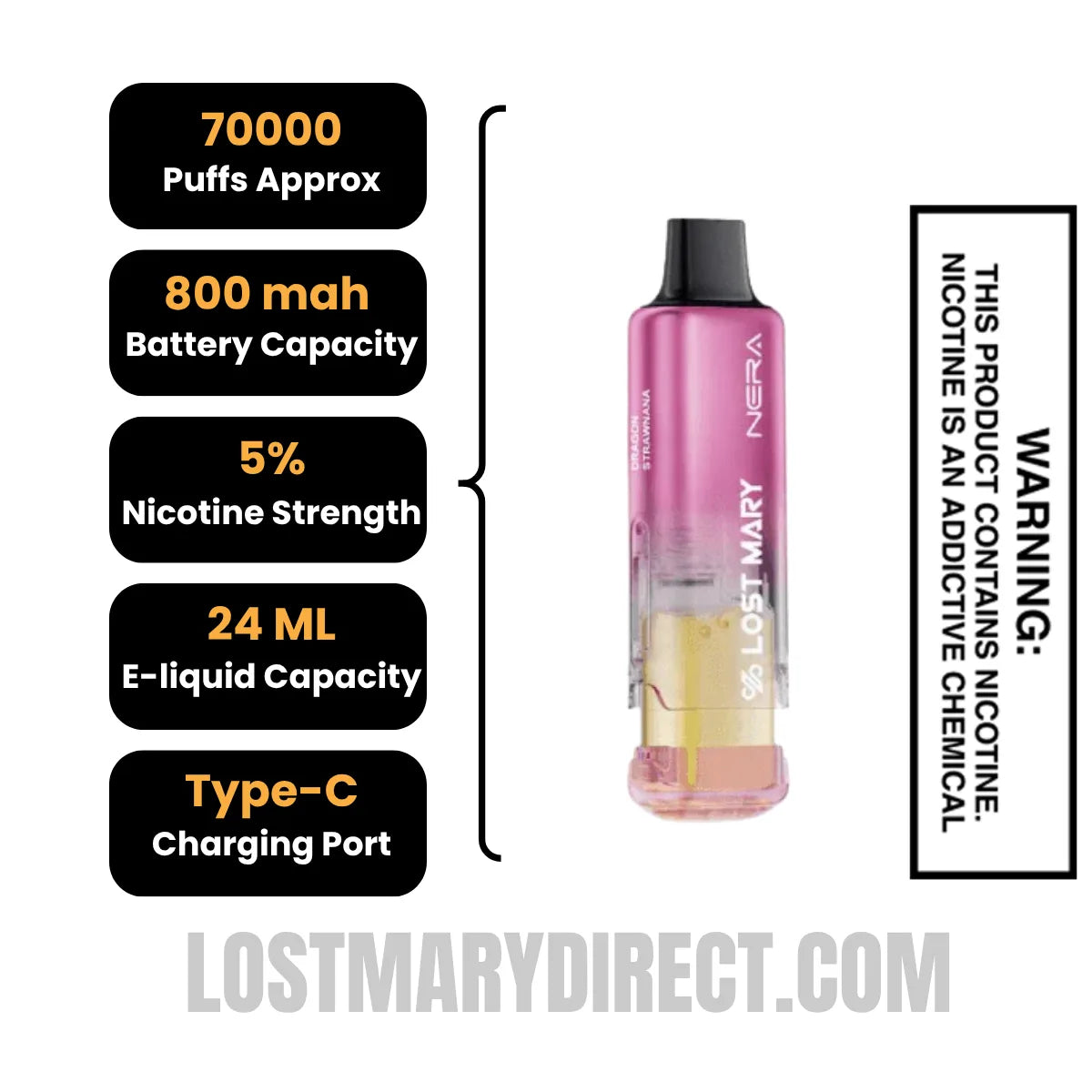 Dragon Strawnana Lost Mary Nera Fullview 70K Vape Pod with Specification