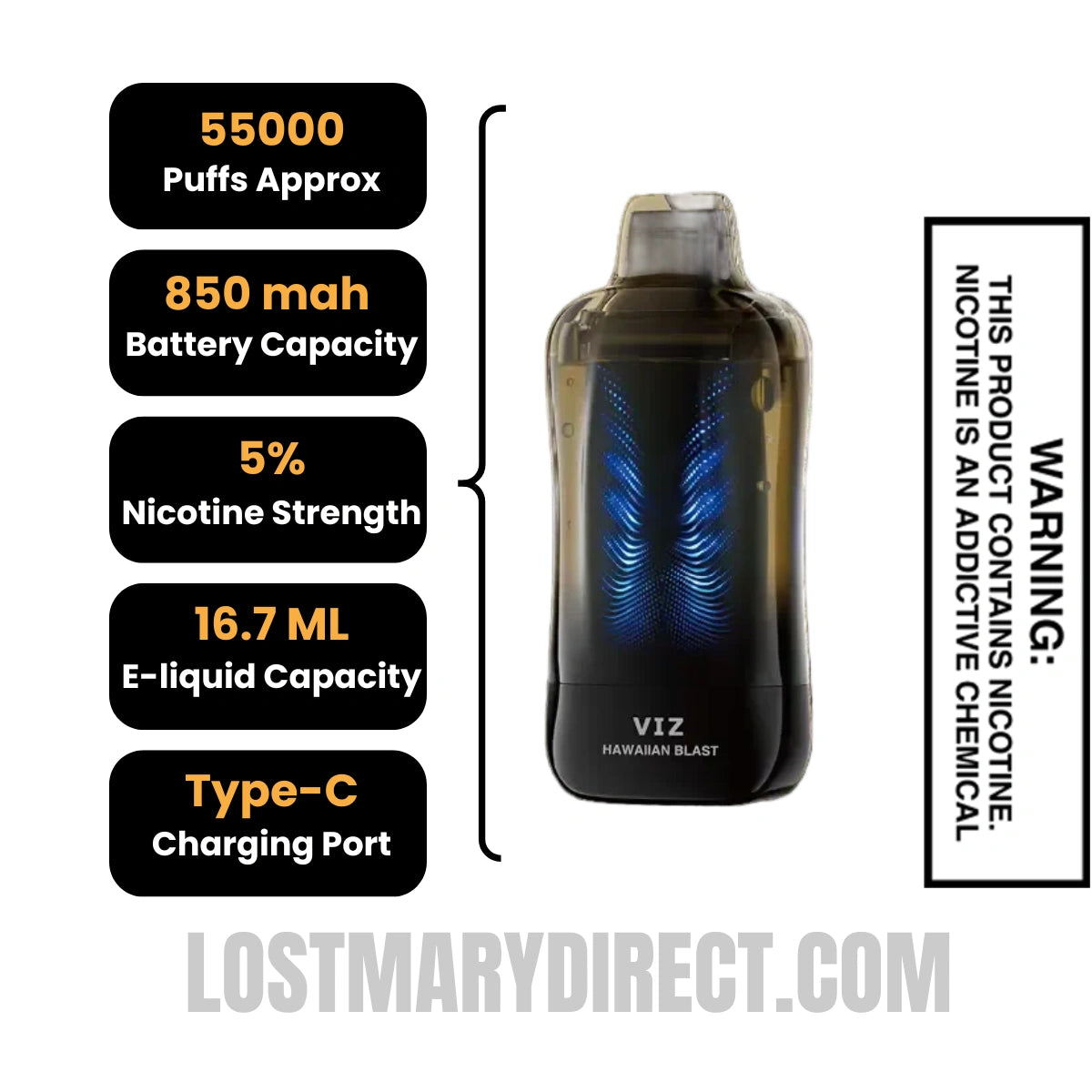 Hawaiian Blast Lost Mary VIZ 55K Disposable Vape Specifications