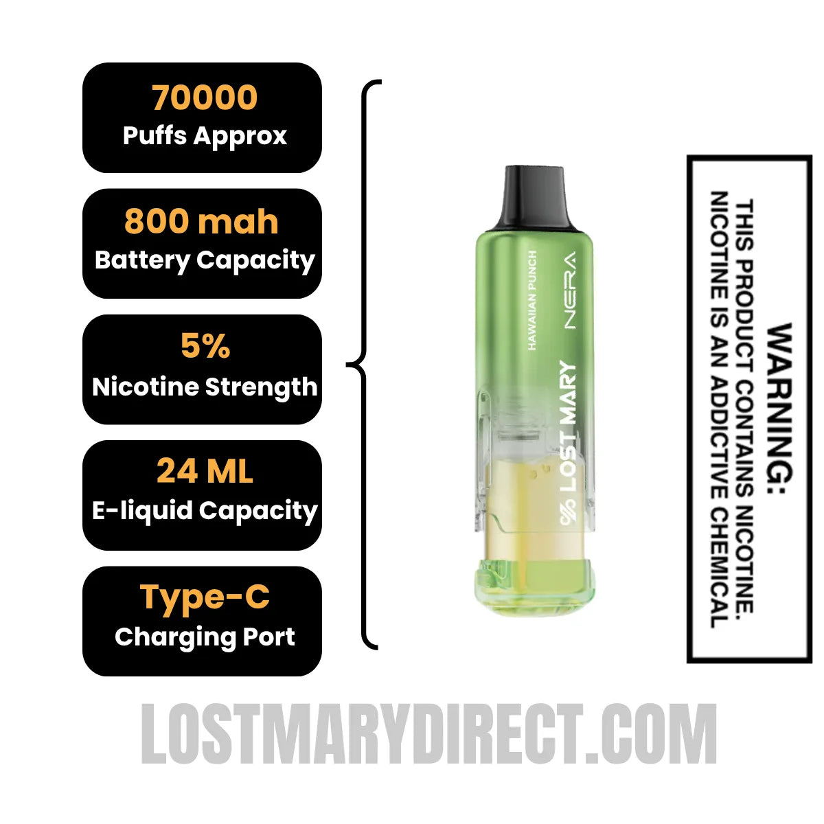 Hawaiian Punch Lost Mary Nera Fullview 70K Disposable Vape Pod with Specification