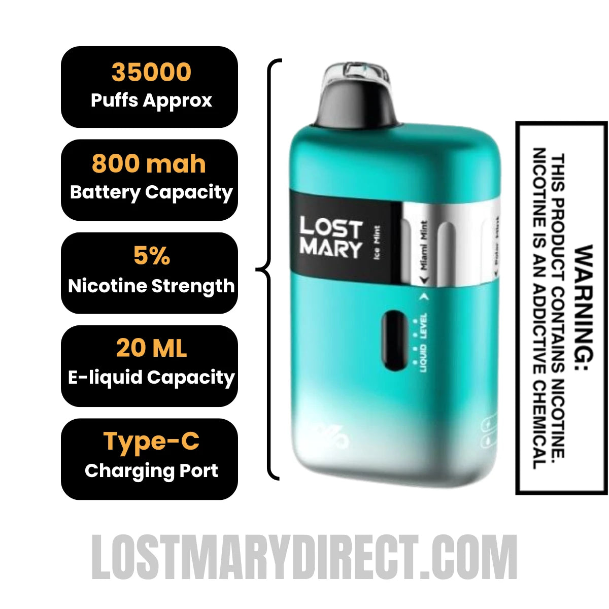 Ice Mint Lost Mary Ultrasonic 35K Disposable Vape Specifications