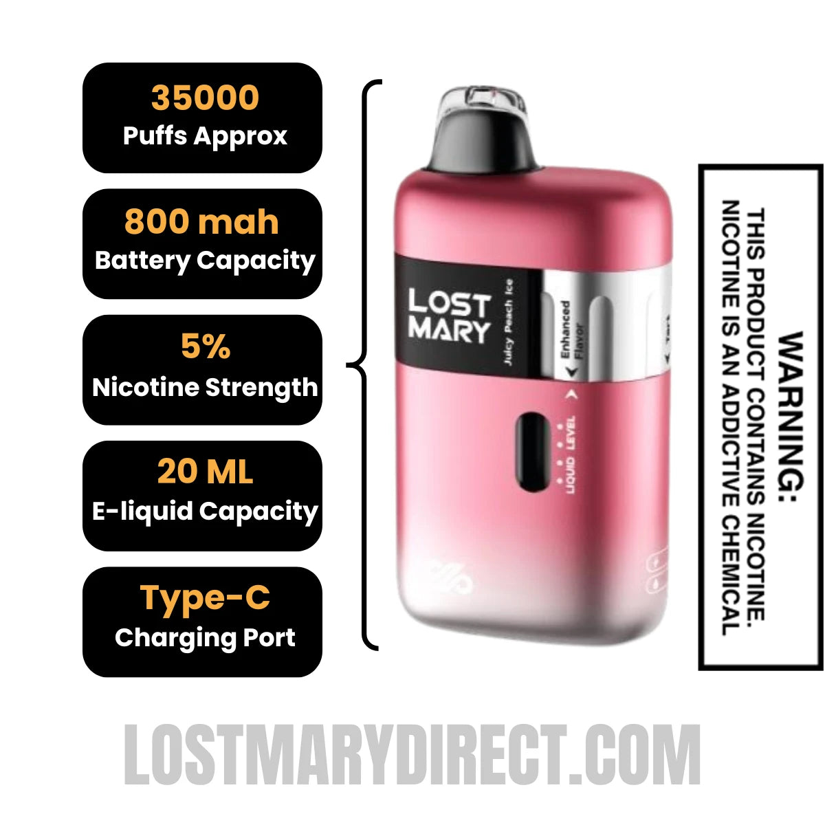 Juice Peach Ice Lost Mary Ultrasonic 35K Disposable Vape Specifications