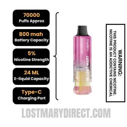 Juicy Peach Ice Lost Mary Nera Fullview 70K Disposable Vape Pod with Specifications