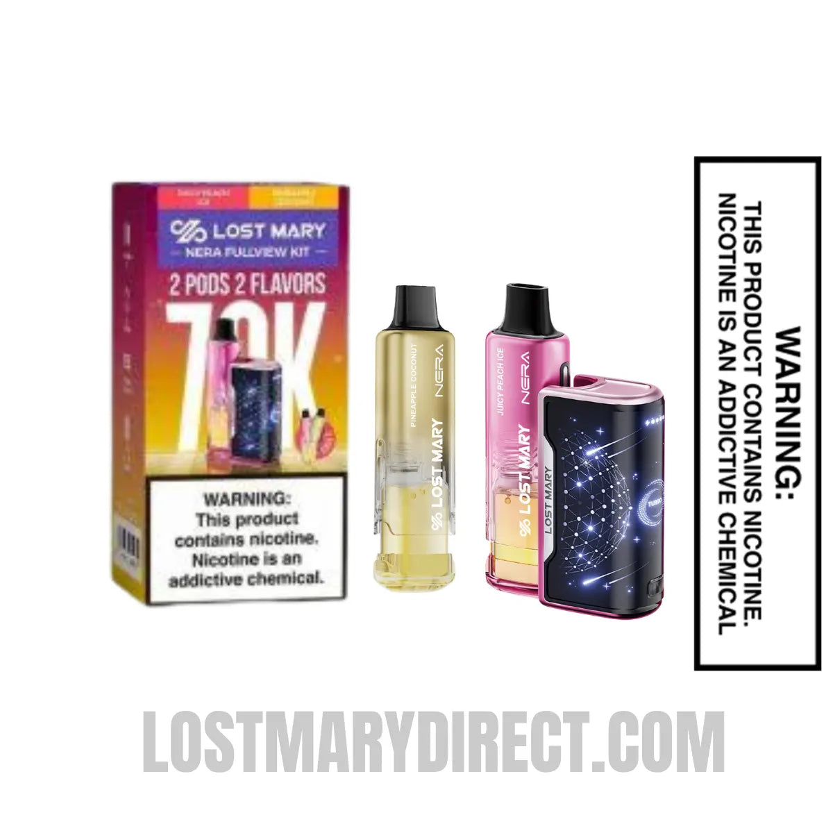 Juicy Peach Ice & Pineapple Coconut Lost Mary Nera Fullview 70K Disposable Vape Kit with package