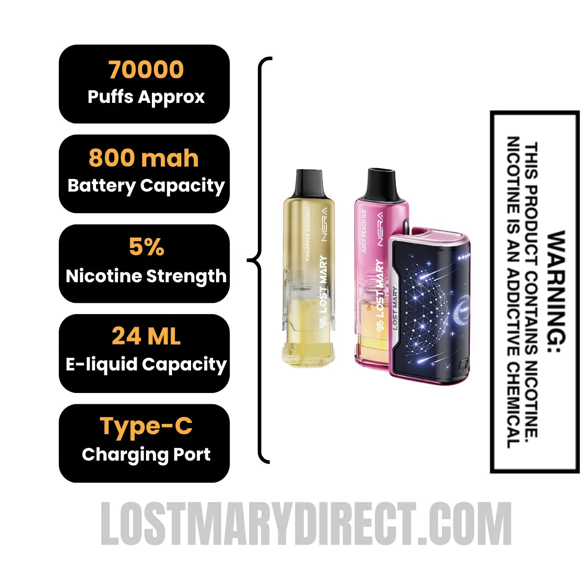 Juicy Peach Ice & Pineapple Coconut Lost Mary Nera Fullview 70K Disposable Vape Kit with Specification