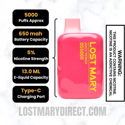 Juicy Peach Lost Mary OS5000 Disposable Vape Specifications