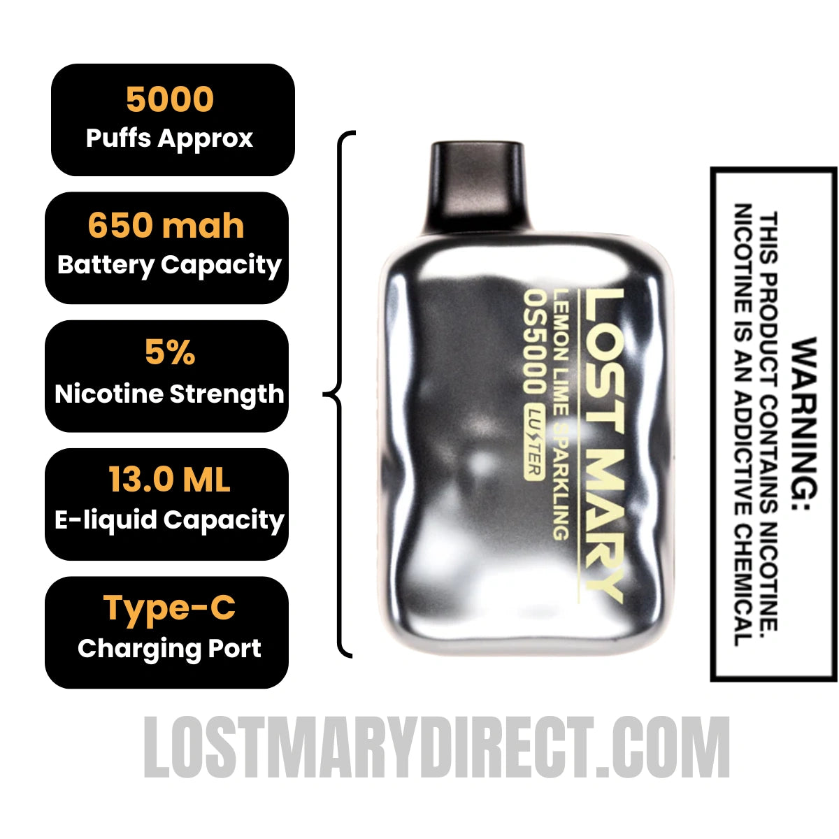 Lemon Lime Lost Mary OS5000 Luster Edition Vape Specifications