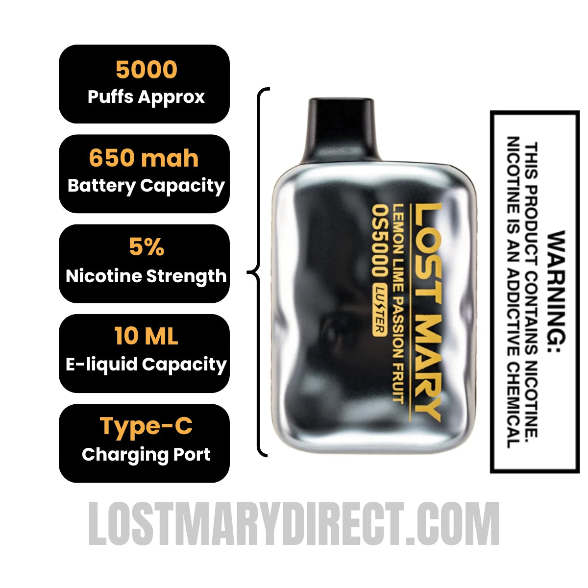Lemon Lime Passion Fruit Lost Mary OS5000 Luster Vape Specifications