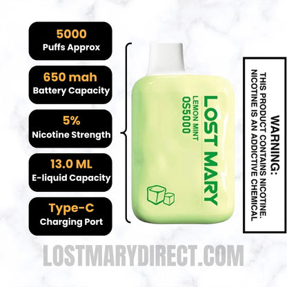 Lemon Mint Lost Mary OS5000 Disposable Vape Specifications