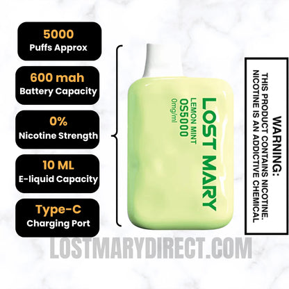 Lemon Mint Lost Mary OS5000 Zero Nicotine Vape Lemon Mint Lost Mary OS5000 Zero Nicotine Vape