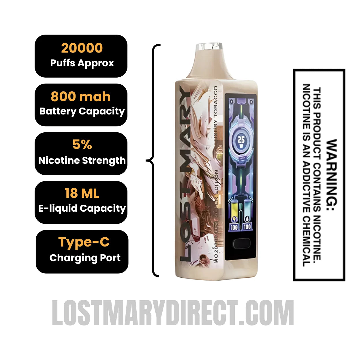 Luxury Tobacco Lost Mary MO20000 Pro Vape Specifcations