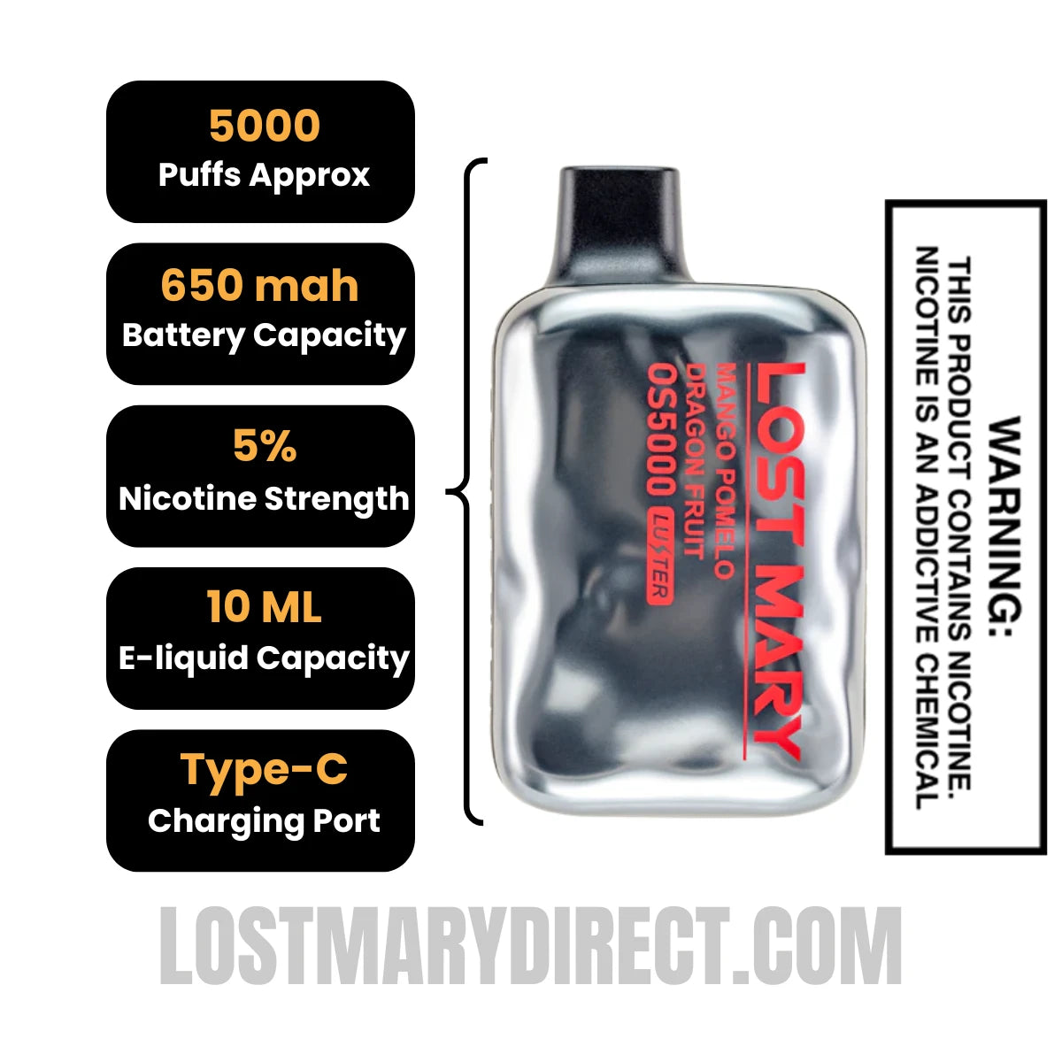 Mango Pomelo Dragon Fruit Lost Mary OS5000 Luster Vape Specifications