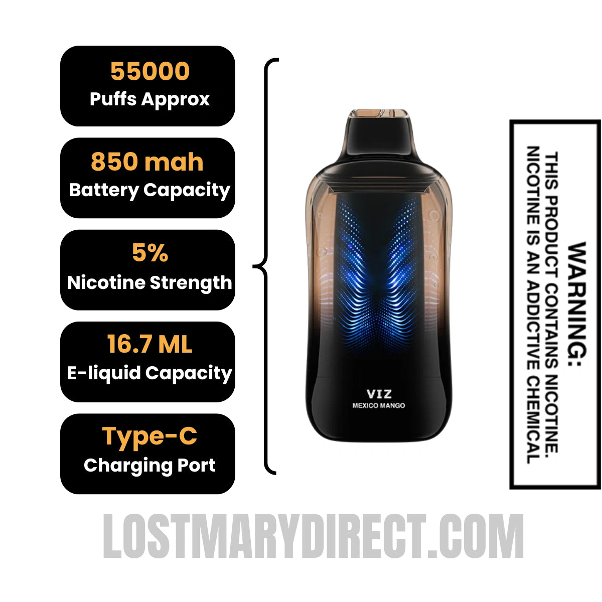 Mexico Mango Lost Mary VIZ 55K Disposable Vape Specifications