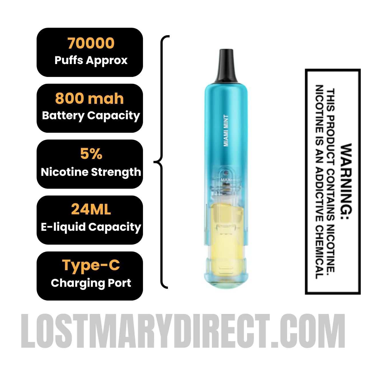 Miami Mint Lost Mary Nera Fullview 70K Vape Pod Specification