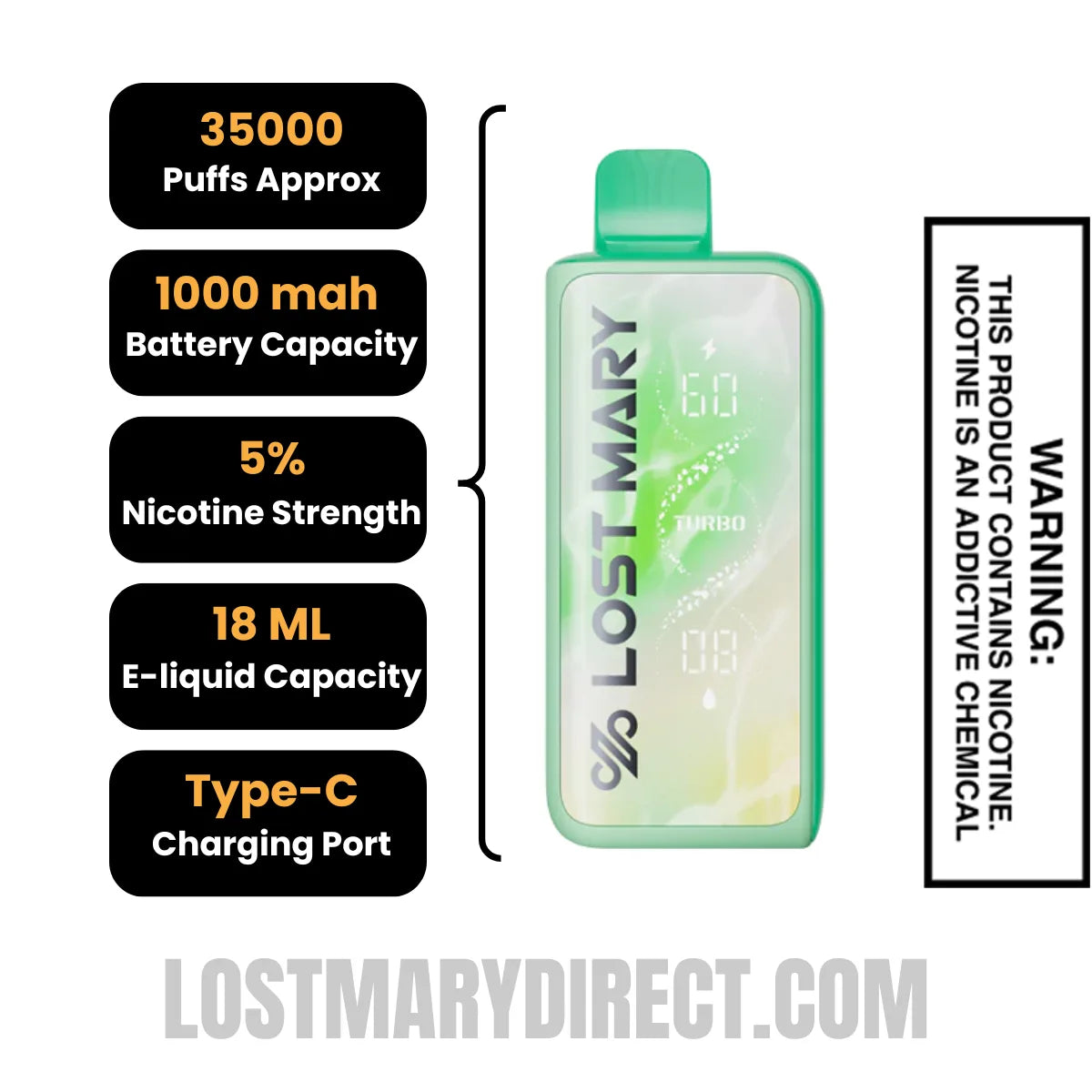Mint Lemonade Lost Mary MT35000 Turbo Disposable Vape with Specification