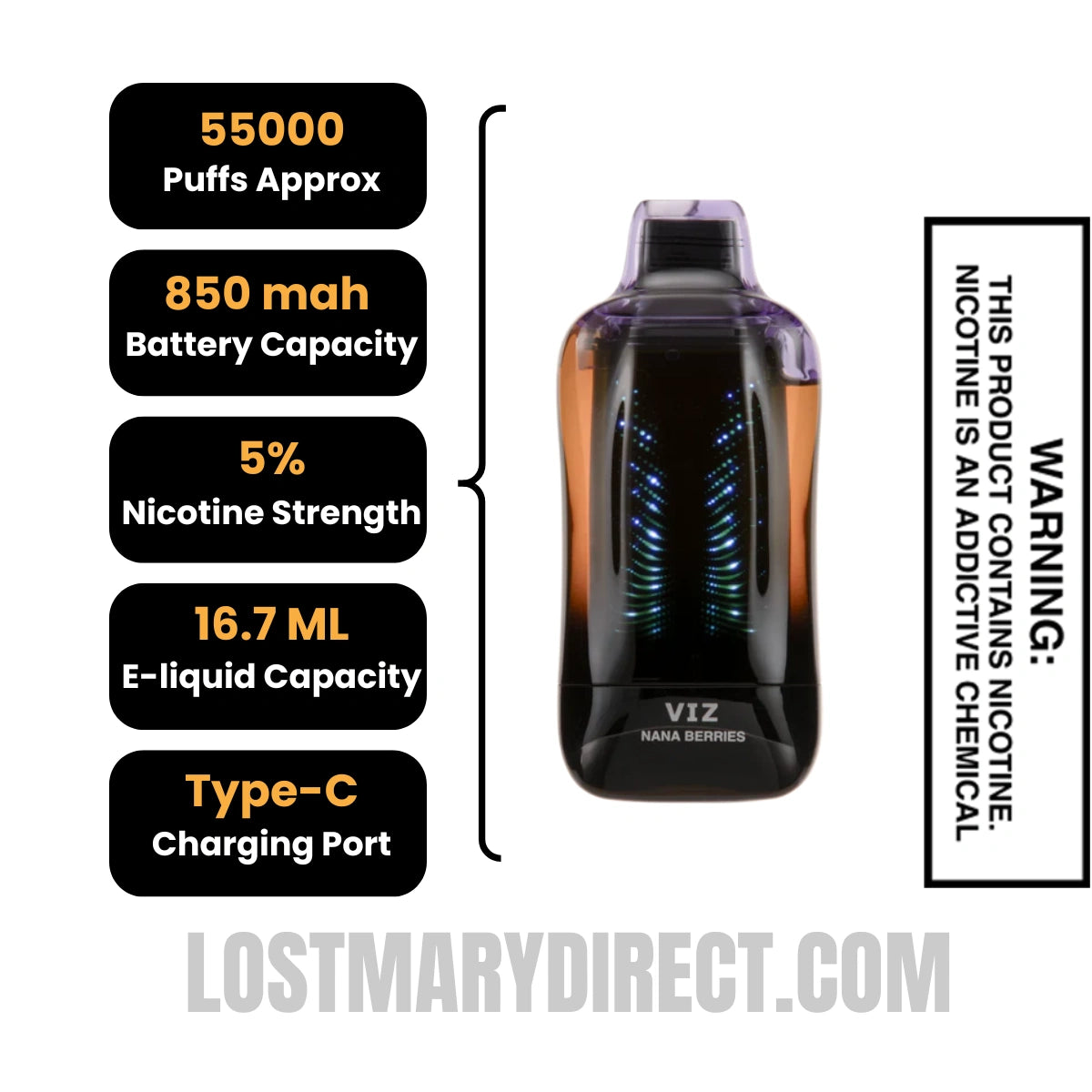 Nana Berries Lost Mary VIZ 55K Disposable Vape Specifications