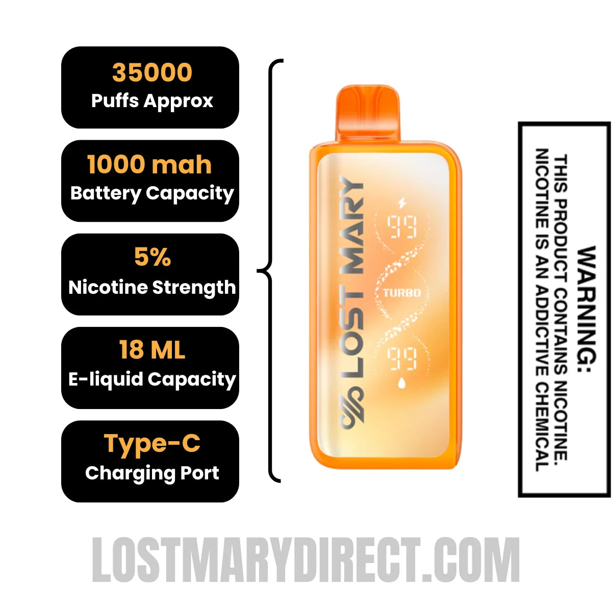 Orange Pixy Lost Mary MT35000 Turbo Disposable Vape with Specification