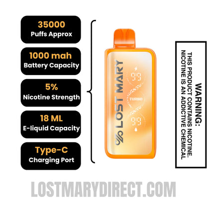 Orange Pixy Lost Mary MT35000 Turbo Disposable Vape with Specification