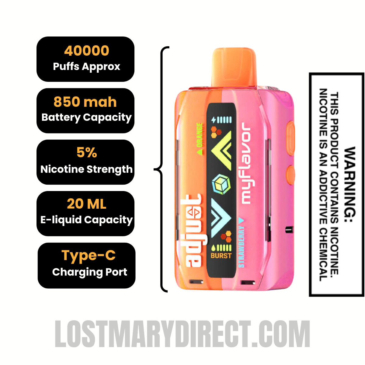 Orange Strawberry Adjust MyFlavor 40K Disposable Vape Specifcations