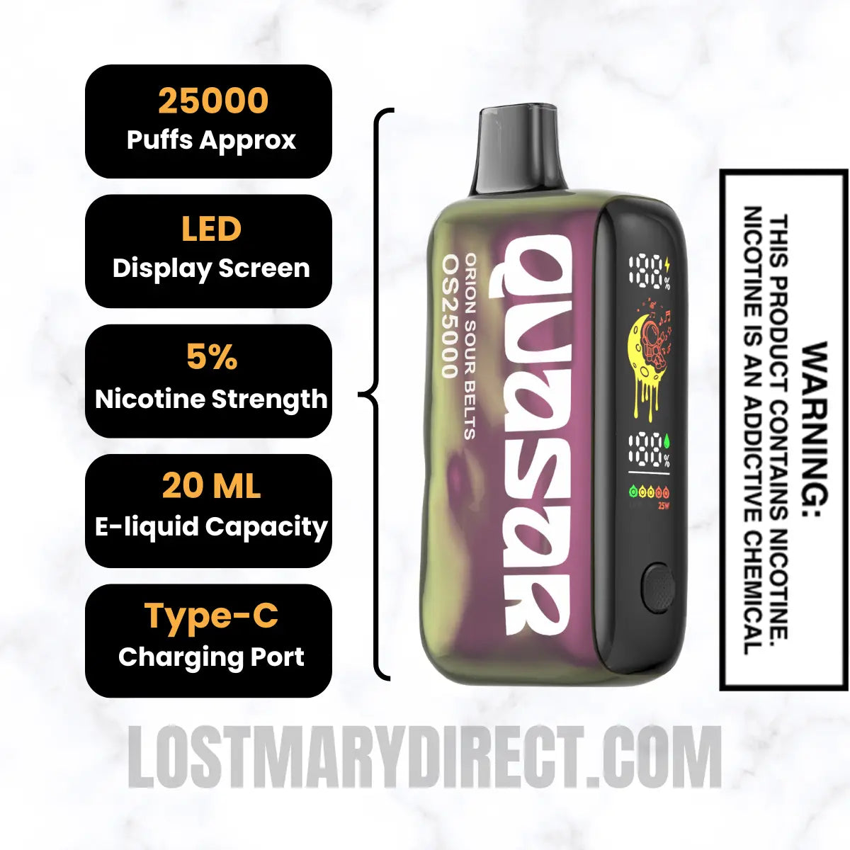Orion Sour Belts  Lost Mary Quasar OS25000 Diposable Vape Specifications