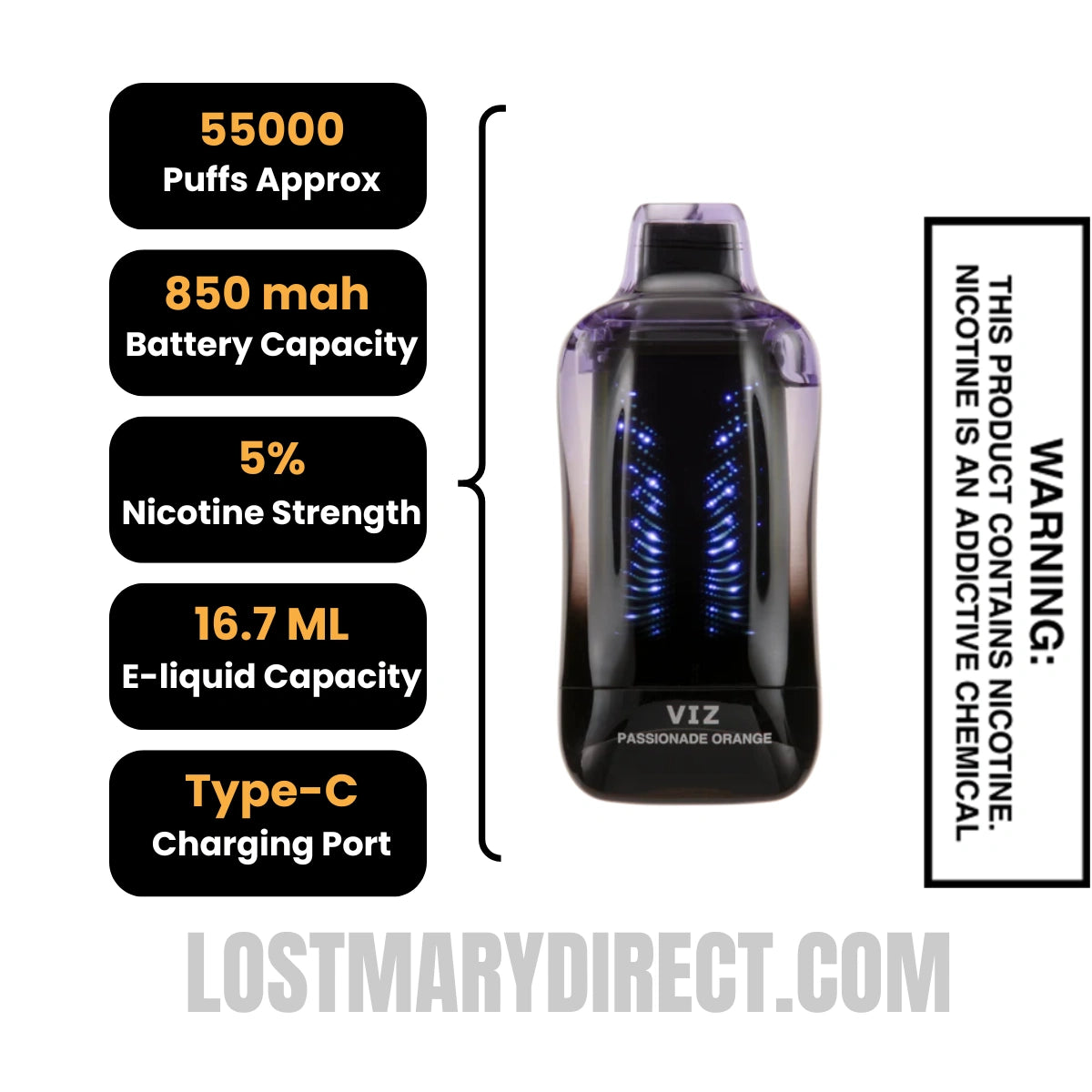 Passionade Orange Lost Mary VIZ 55K Disposable Vape Specifications