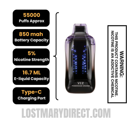 Passionade Orange Lost Mary VIZ 55K Disposable Vape Specifications