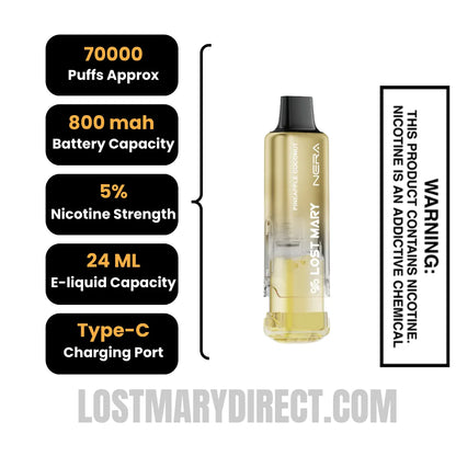 Pineapple Coconut Lost Mary Nera Fullview 70K Disposable Vape Pod with specifications