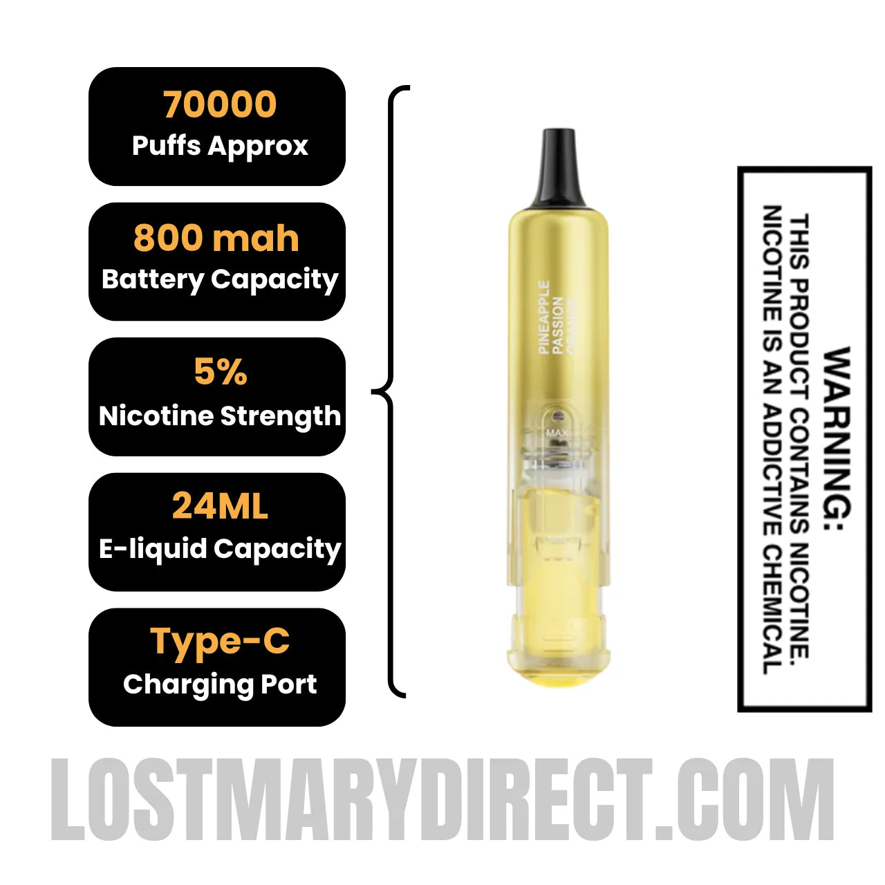 Pineapple Passion Orange Lost Mary Nera Fullview 70K Vape Pod with specification