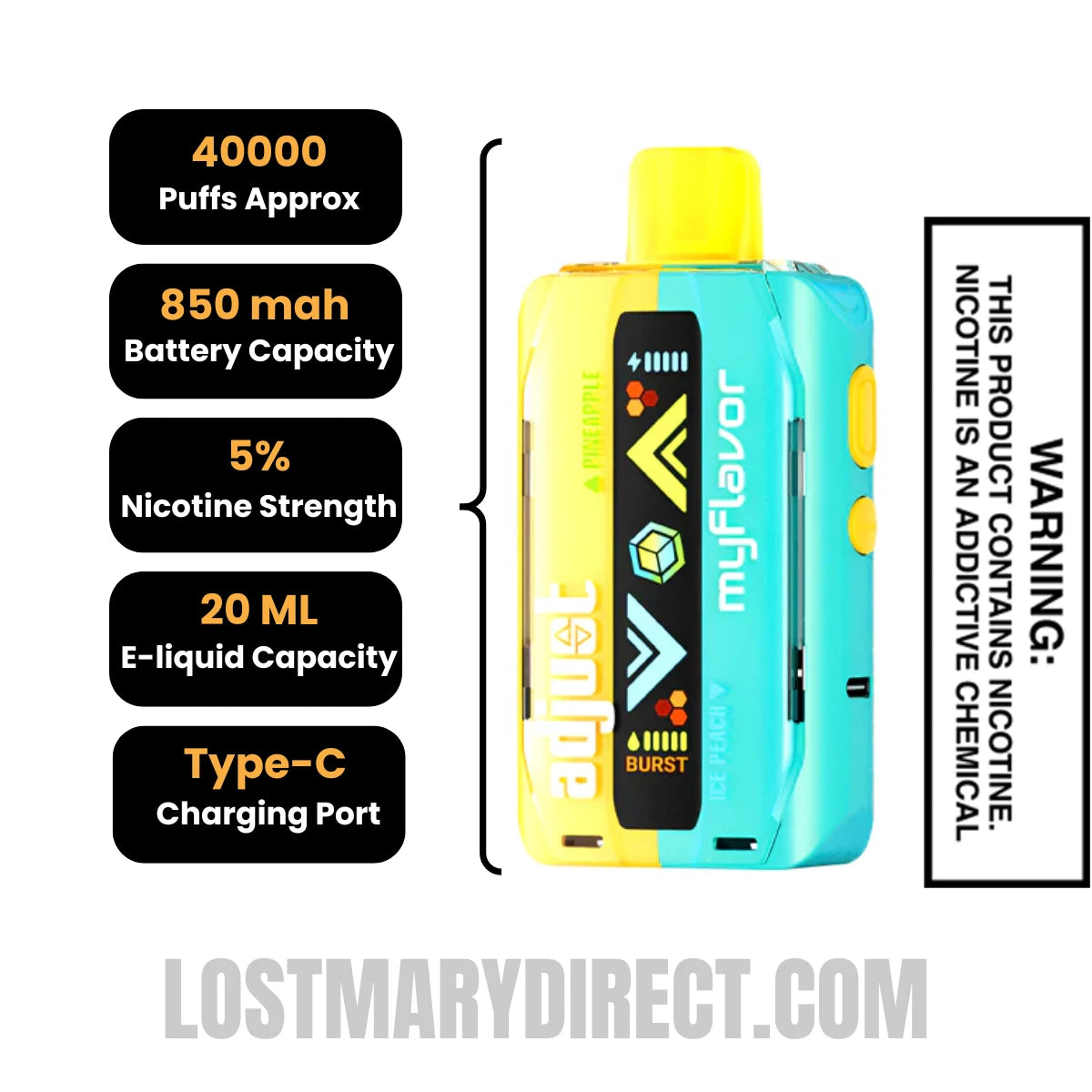 Pineapple Ice Peach Adjust MyFlavor 40K Disposable Vape Specifcations