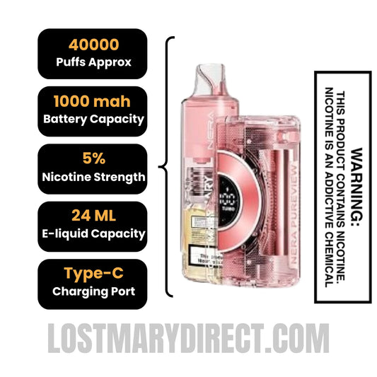 Pink Lemonade Lost Mary Nera Pureview 40K Vape Kit Specification